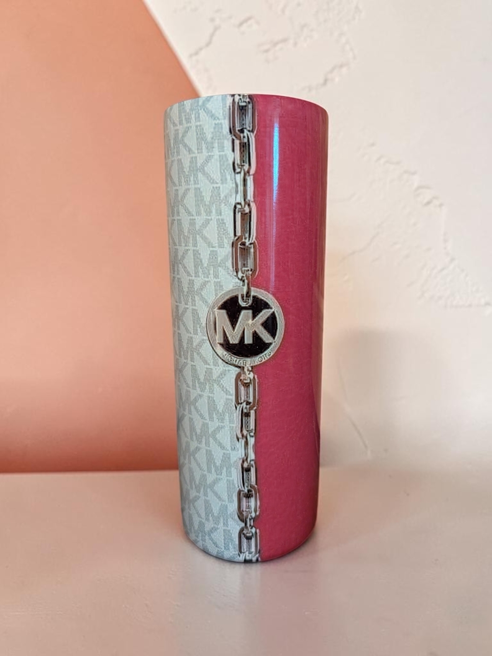 Michael Kors Pink and White MK Monogram Tumbler with Chain Charm